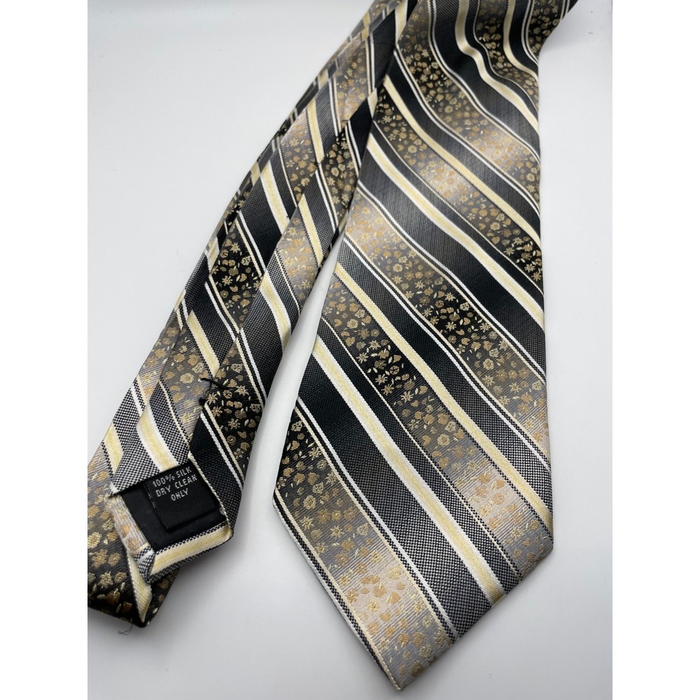 Mario Ferrari Men Silk Tie Black Gold Grey Striped Floral Pattern Formal Necktie